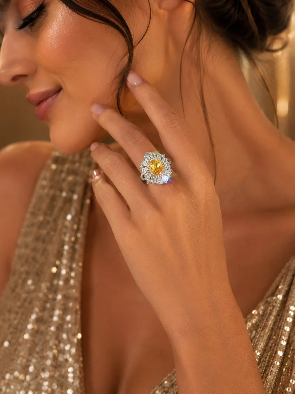 : 925 Sterling Silver Yellow Cubic Zirconia Statement Ring – Crystal Stones